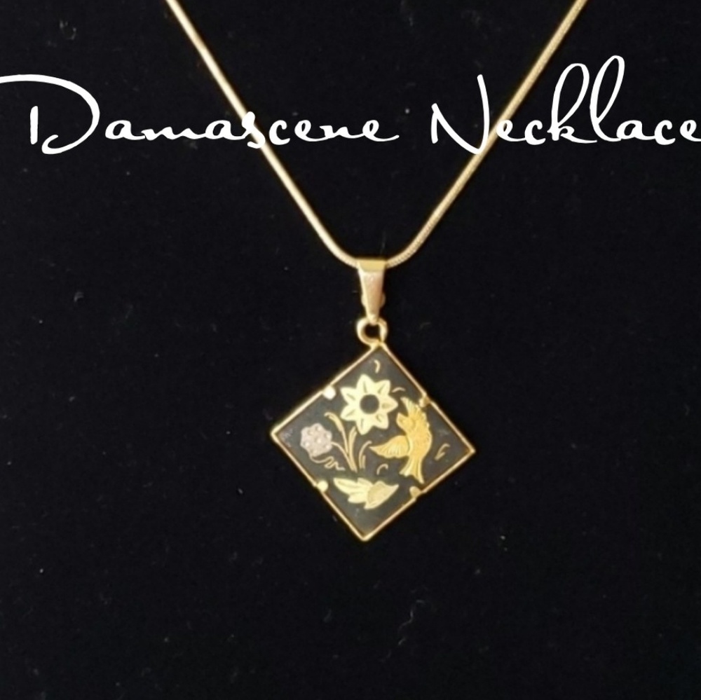 Vintage Diamond Pend. Damascene Gold Tone Necklace